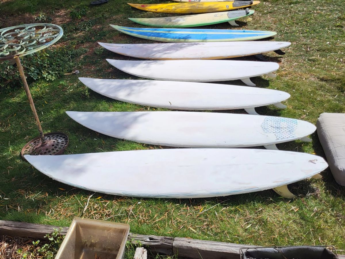 A long row of SFC lesson boards prepared beneath the trees